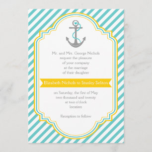 Aqua, white stripes & anchor nautical wedding invitation