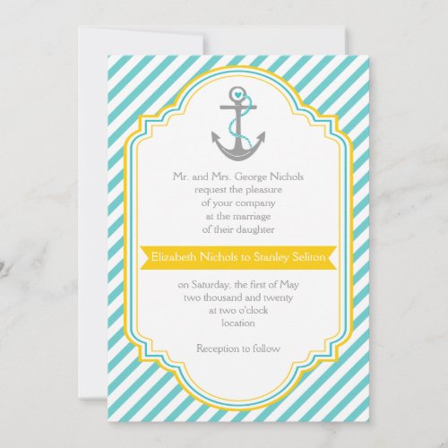 Aqua, white stripes &amp; anchor nautical wedding custom announcements