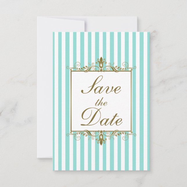 Aqua, White Stripes Gold Scroll Save the Date Card (Front)