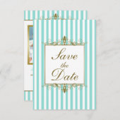 Aqua, White Stripes Gold Scroll Save the Date Card (Front/Back)