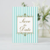Aqua, White Stripes Gold Scroll Save the Date Card (Standing Front)