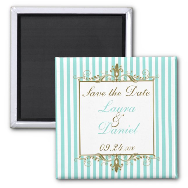 Aqua, White Stripes Gold Scrolls Save the Date Magnet (Front)