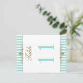 Aqua, White Stripes Gold Scrolls Table Number Card (Standing Front)