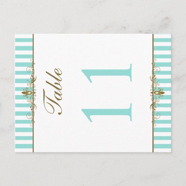 Aqua, White Stripes Gold Scrolls Table Number Card (Front)