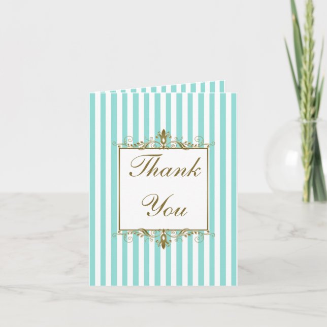 Aqua, White Stripes Gold Scrolls Thank You Card (Front)