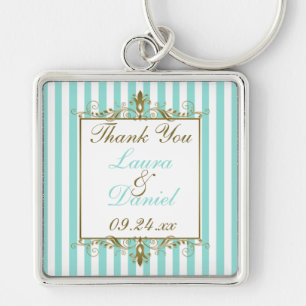 Aqua, White Stripes Gold Scrolls Wedding Favor Keychain
