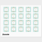 Aqua, White Stripes Gold Scrolls Wedding Favor Square Sticker (Sheet)