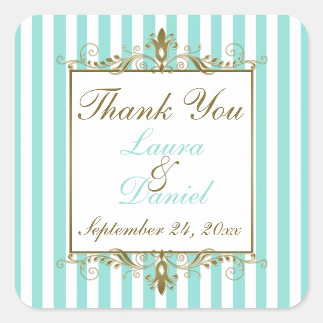 Aqua, White Stripes Gold Scrolls Wedding Favor Square Sticker (Front)
