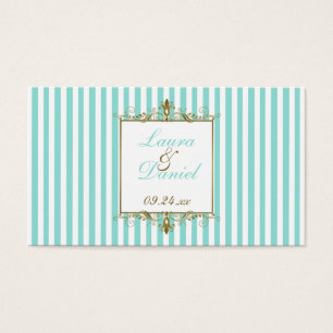 Aqua, White Stripes Gold Scrolls Wedding Favor Tag