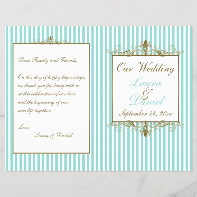 Aqua, White Stripes Gold Scrolls Wedding Program (Front)