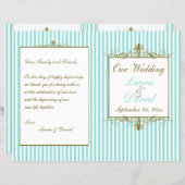 Aqua, White Stripes Gold Scrolls Wedding Program (Front/Back)