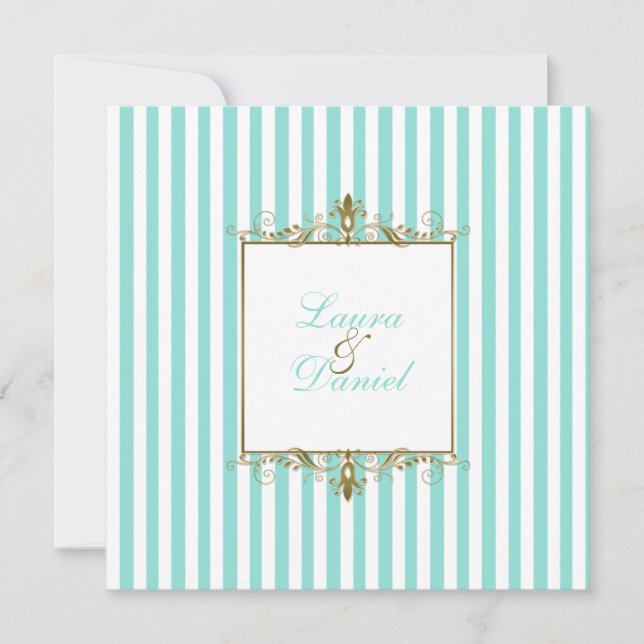 Aqua, White Stripes with Gold Scrolls Invitation (Front)