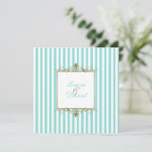 Aqua, White Stripes with Gold Scrolls Invitation (Standing Front)