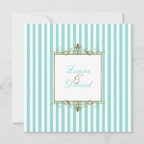 Aqua, White Stripes with Gold Scrolls Invitation