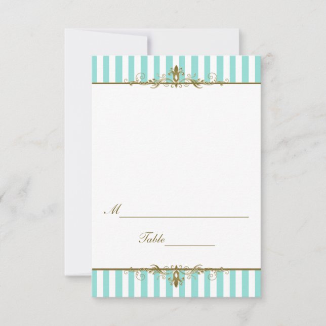 Aqua, White Stripes with Gold Scrolls Placecard (Front)