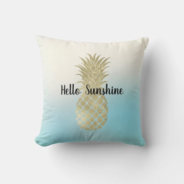 Aqua White Tie Dye Gold Pineapple Throw Pillow (Front)