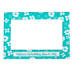 Aqua White Tropical Flowers Magnetic Picture Frame
