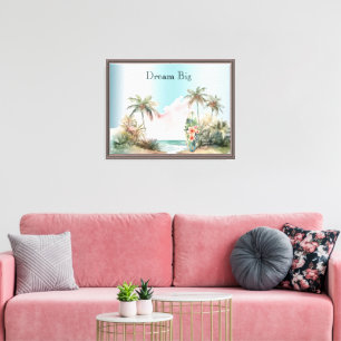 Aqua White Tropical Palm Trees Surfboard Canvas Print