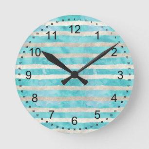 Aqua White Watercolor Stripes Round Clock