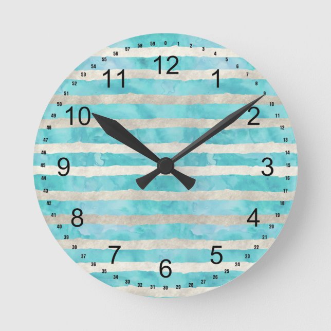Aqua White Watercolor Stripes Round Clock (Front)