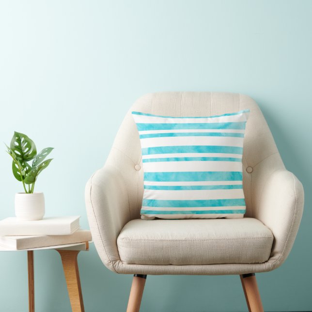 Aqua White Watercolor Stripes Throw Pillow (Chair)