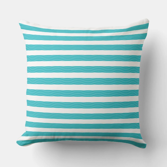 Aqua | White Waves Stripes Beach Style Pattern Throw Pillow (Front)
