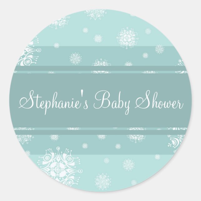 Aqua White Winter Baby Shower Favor Stickers (Front)