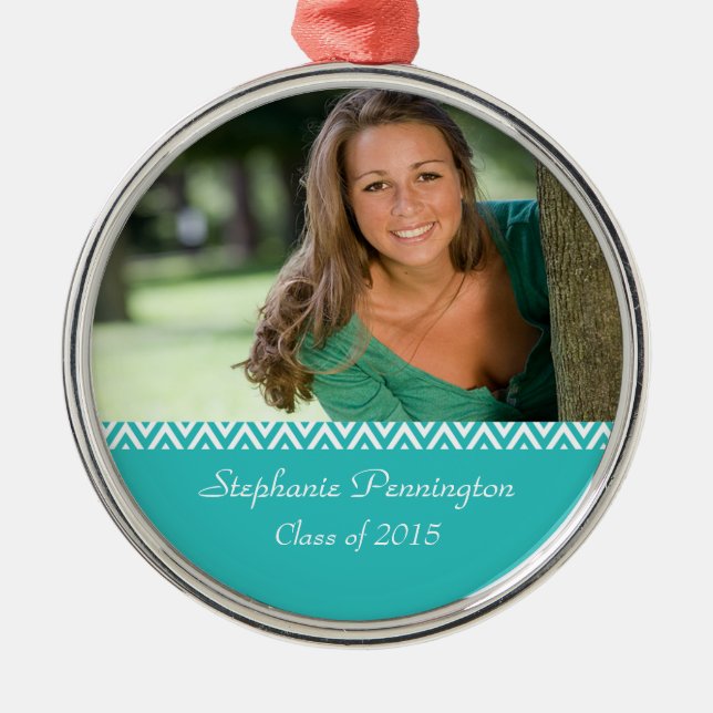 Aqua white zig zag graduation photo ornament (Front)