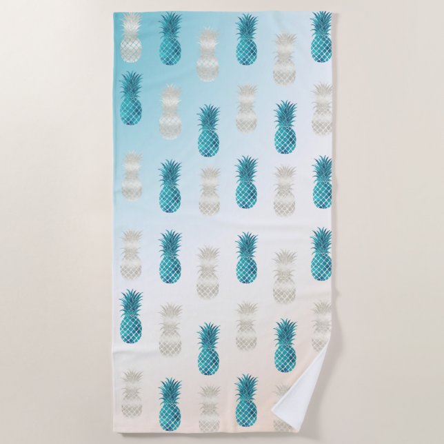 Aqua WhiteTropical Glam Pineapples Beach Towel (Front)