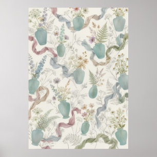 Aqua Wildflower Vases Ribbon Fern Pattern Poster