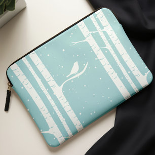 Aqua Winter Birch Trees and Bird Laptop Sleeve