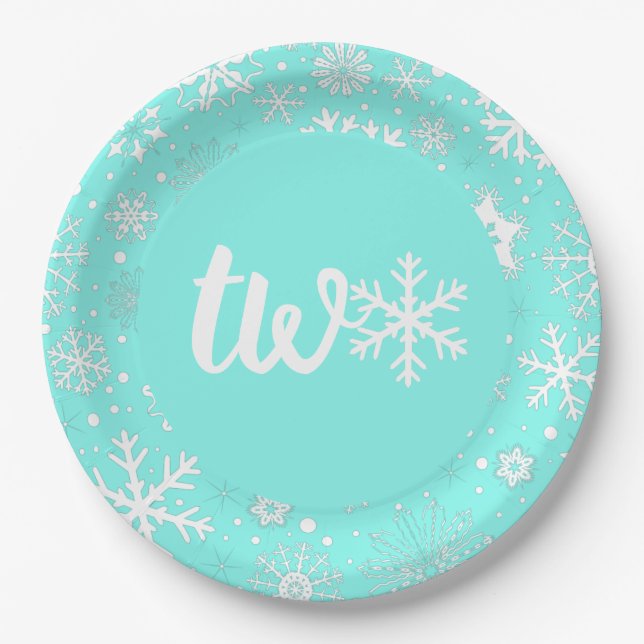 Aqua Winter Second Birthday Snowflake Plates (Front)
