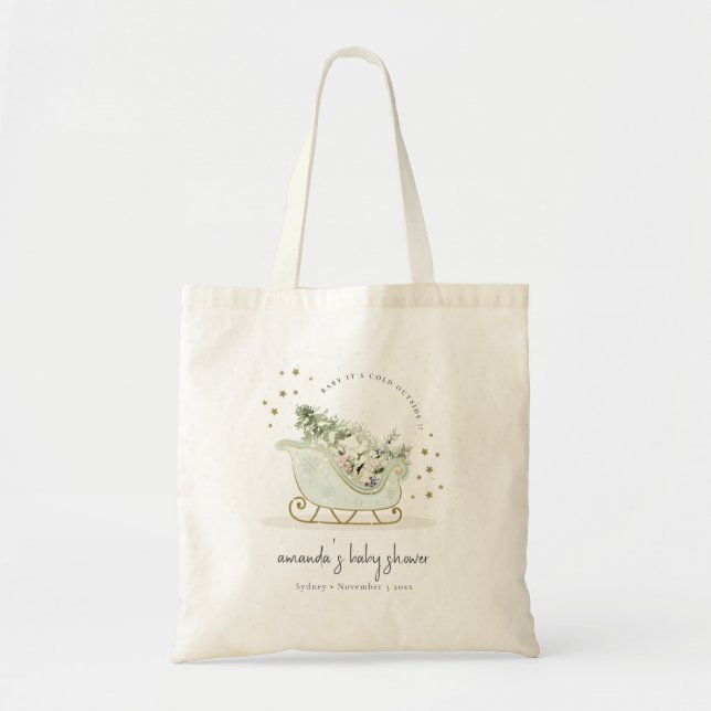 Aqua Winter Sleigh Its Cold Outside Baby Shower Tote Bag (Front)