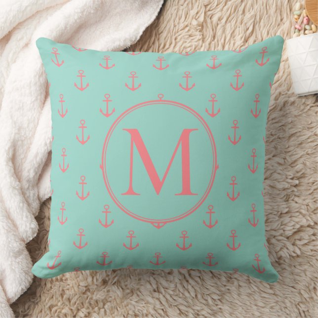 Aqua With Coral Pink Anchors Monogram Throw Pillow (Blanket)