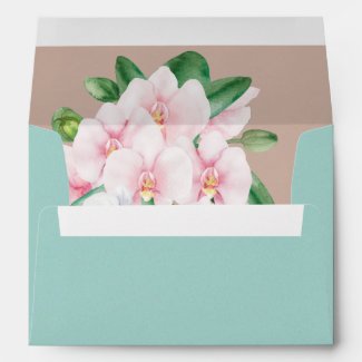 Aqua with Tan and Pink Orchid Spray Envelope