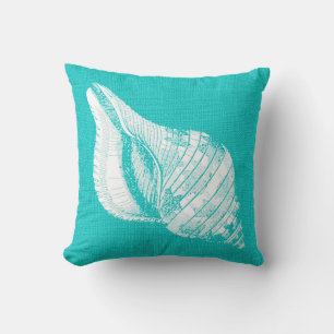 Aqua with White Conch Seashell Burlap Look Throw Pillow