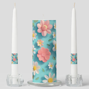AQUA WITH WHITE & CORAL 3D LOOK FLOWERS UNITY CANDLE SET