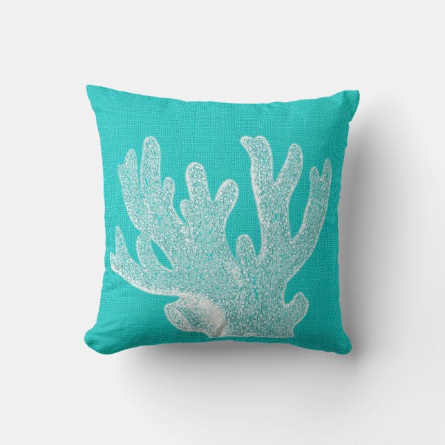 Aqua with White Coral Burlap Look Throw Pillow (Front)