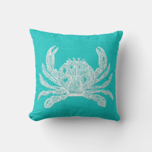 Aqua with White Crab Burlap Look Throw Pillow