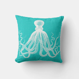 Aqua with White Octopus Burlap Look Throw Pillow
