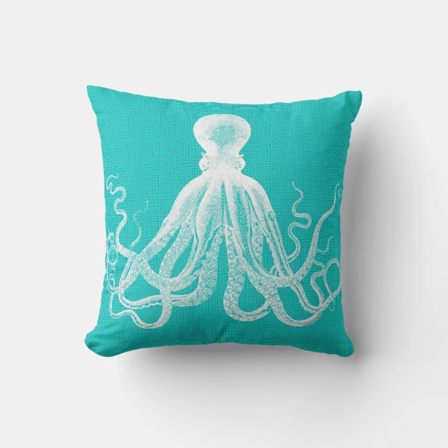 Aqua with White Octopus Burlap Look Throw Pillow (Front)