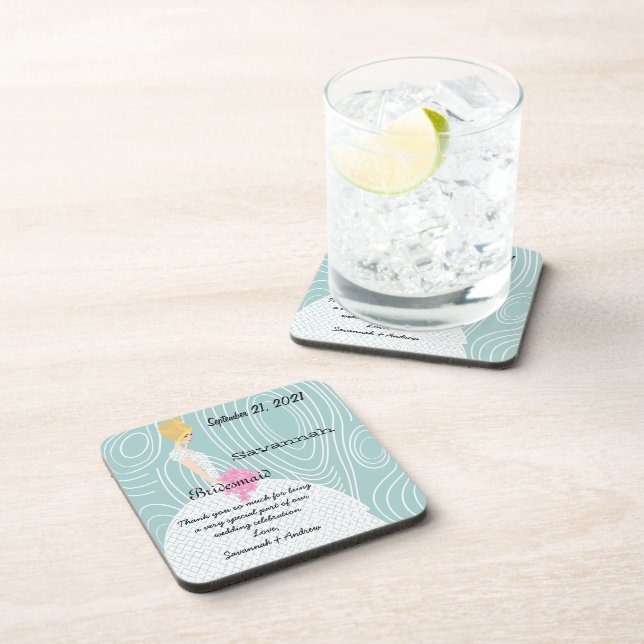 Aqua WoodGrain Pattern Blonde Bridesmaid Coaster (Right Side)