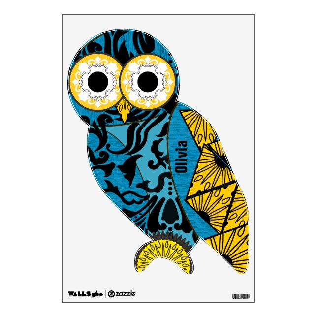 Aqua Yellow Black Damask Pattern Owl Wall Decal (Front)
