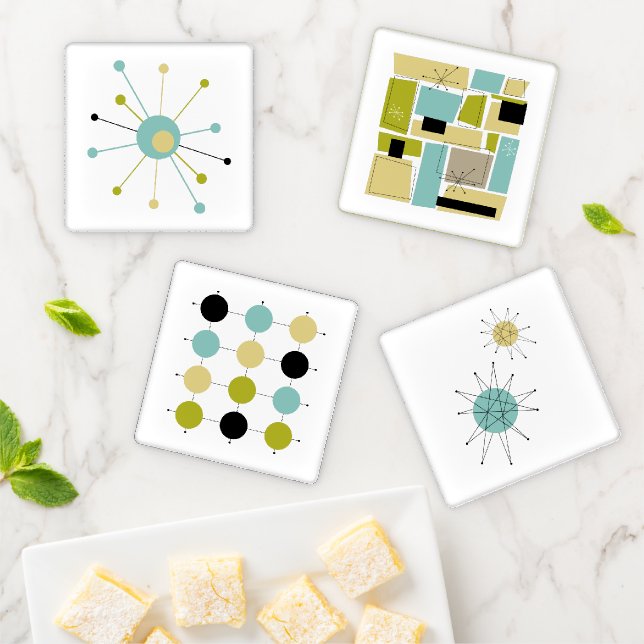 Aqua Yellow Black Mid Century Modern Geometric Coaster Set (In Situ)