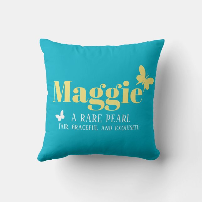 Aqua yellow butterflies Maggie girls name meaning  Throw Pillow (Back)