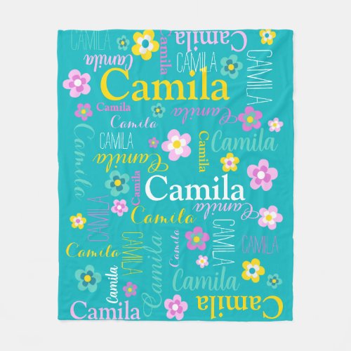 Aqua yellow girls name Camila flower blanket