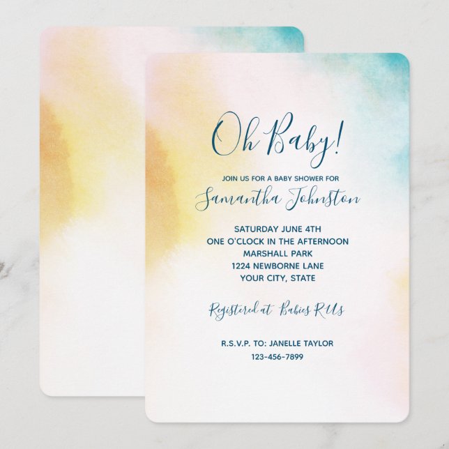 Aqua Yellow Gold Blush Tie Dye Ombre Invitation (Front/Back)