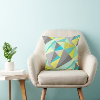 Aqua Yellow Gray Abstract Triangle Pattern Throw Pillow
