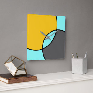 Aqua Yellow Gray Black Circles Square Wall Clock