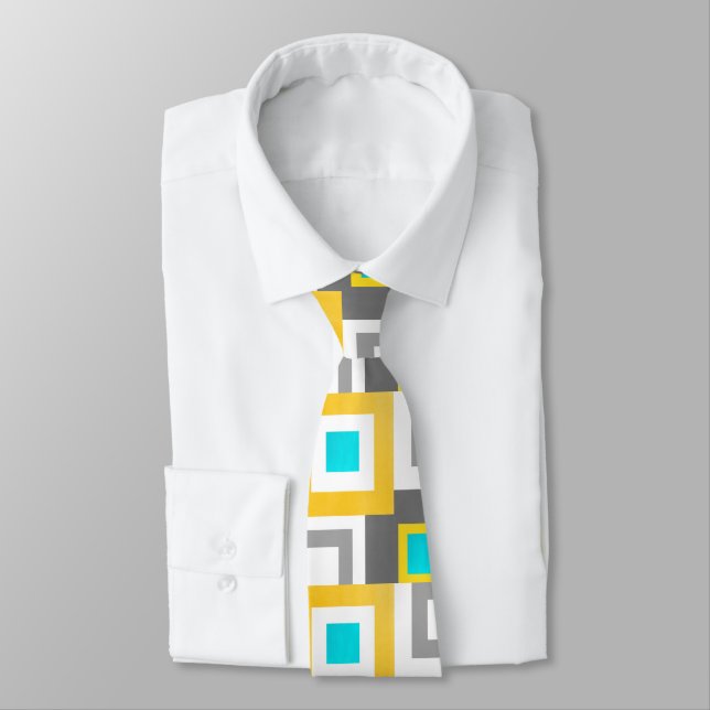 Aqua Yellow Gray Geometric Squares Pattern Neck Tie (Tied)